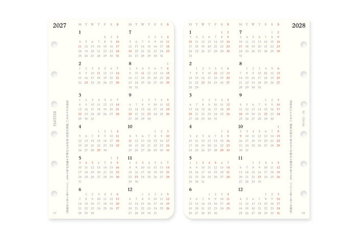 Year overview refill pages showing monthly calendars for 2027 and 2028