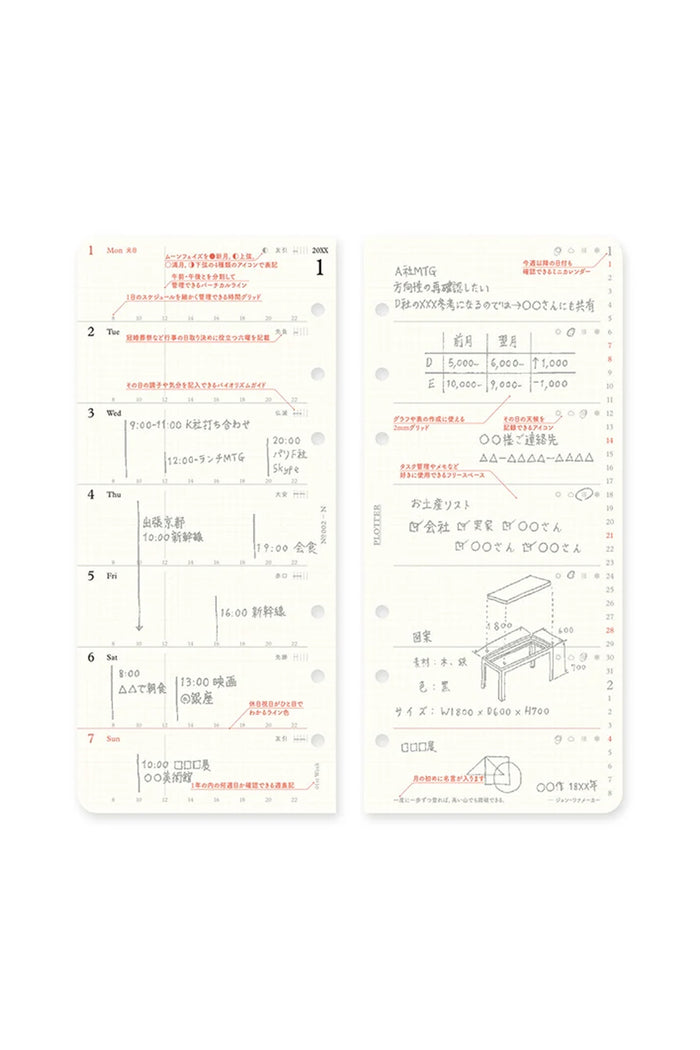 Instruction and example pages for weekly schedule refill, punched sheets