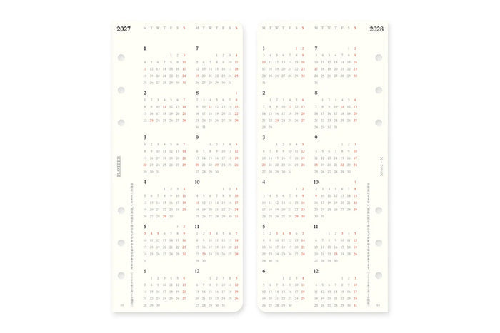 Two narrow weekly calendar pages for 2027 and 2028, punched for binding