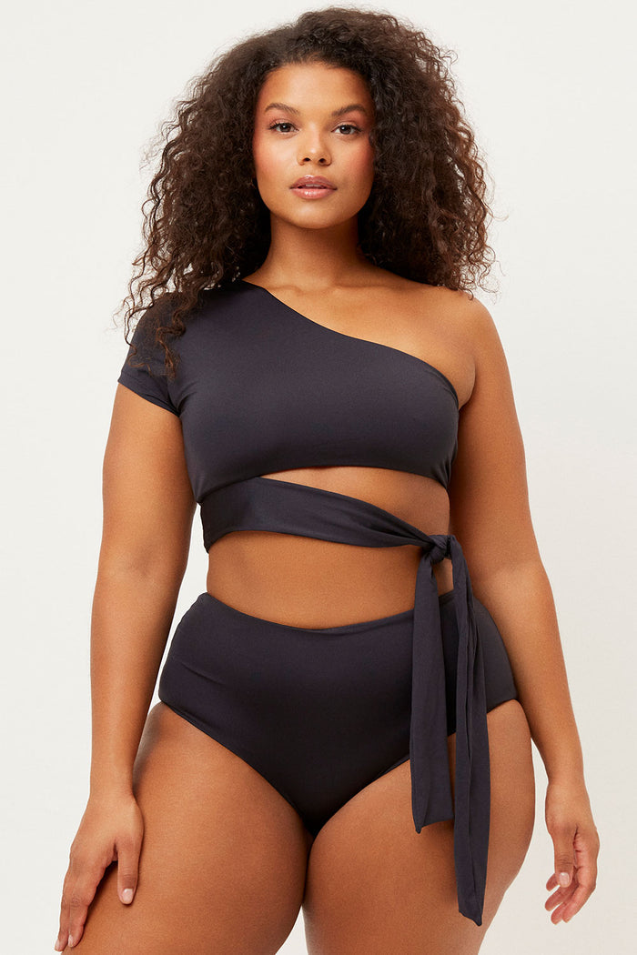 Puck Black One Shoulder Side Tie Top
