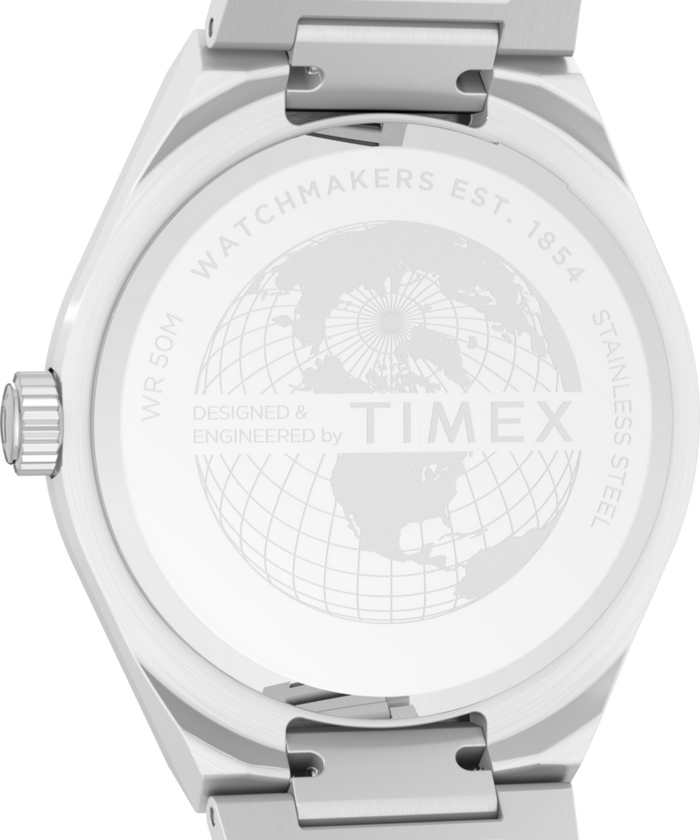 TW2Y35200 Q Timex® Continental Day and Date 39mm Stainless Steel Bracelet Watch Caseback Image