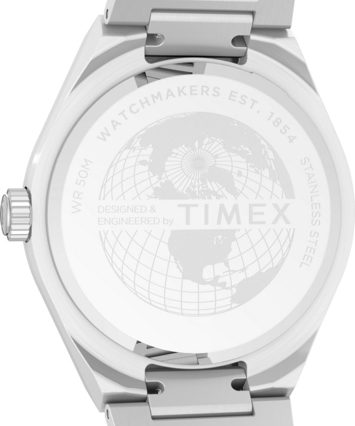 TW2Y25000 Q Timex® Continental Day and Date 39mm Stainless Steel Bracelet Watch Caseback Image