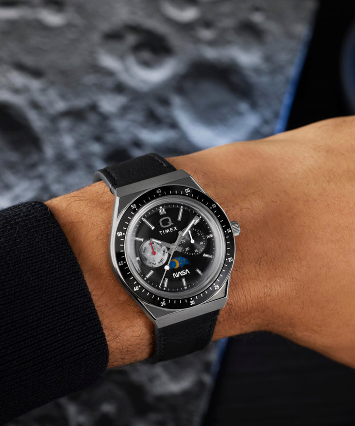 TW2Y56800 Q Timex NASA 40mm Leather Strap Watch Primary Wrist Image