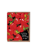 Berry birthday scratch-and-sniff card with red strawberry pattern and small text