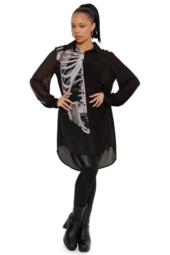 Sheer Ribs Long Sleeve Buttoned Shirt Dress