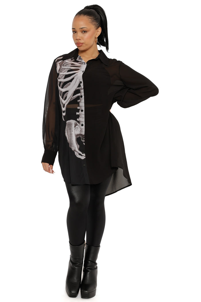 Sheer Ribs Long Sleeve Buttoned Shirt Dress