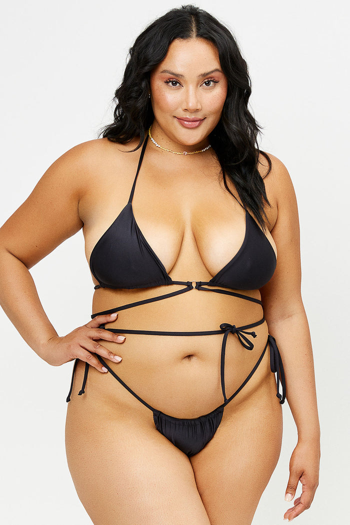 Tatum Black Satin Triangle String Bikini Top Extended