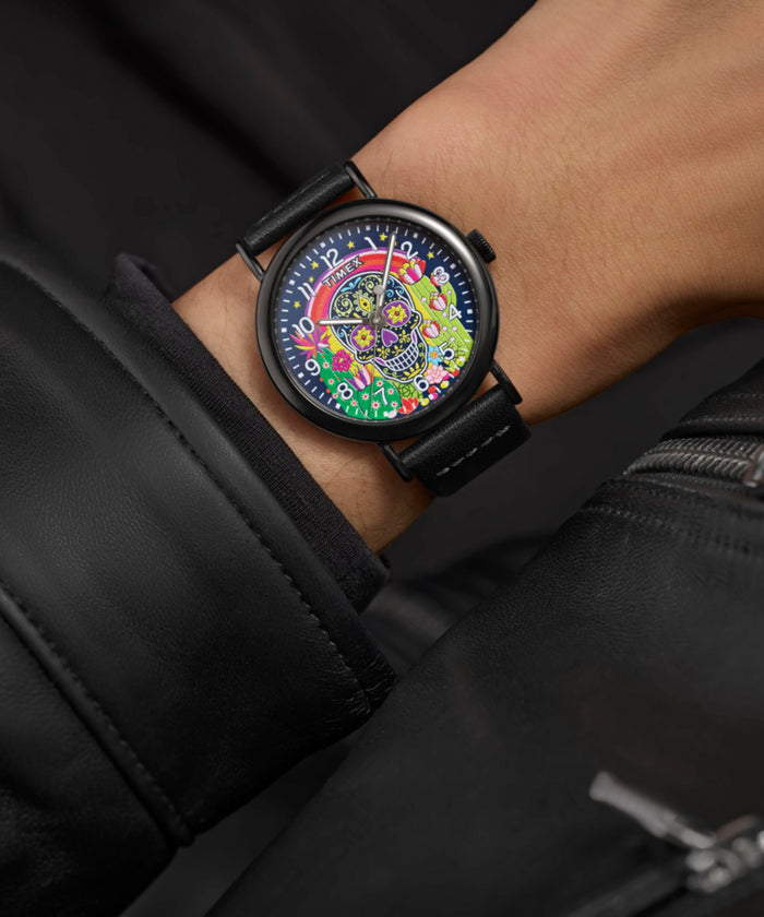 TW2Y15900 Timex Weekender Day of the Dead 40mm Leather Strap Watch Primary Wrist Image