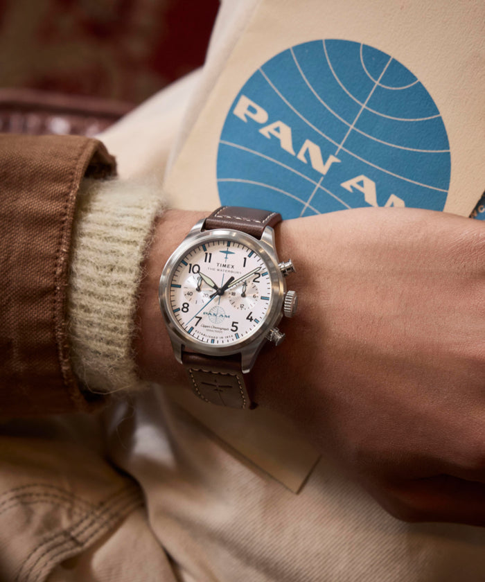 TW2Y38700 Timex x Pan Am® Waterbury Ace Chronograph 41mm Leather Strap Watch Alt Wrist Shot 1 Image