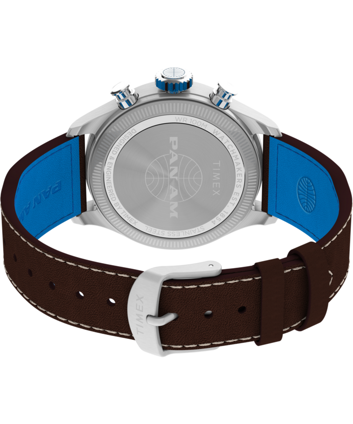 TW2Y38700 Timex x Pan Am® Waterbury Ace Chronograph 41mm Leather Strap Watch Caseback with Attachment Image