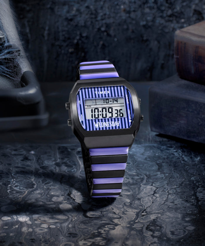 TW2Y19500 Timex x Wednesday T80 36mm Stainless Steel Black and Purple Expansion Band Watch Campaign Key Silhouettes (Beauty shots) Image
