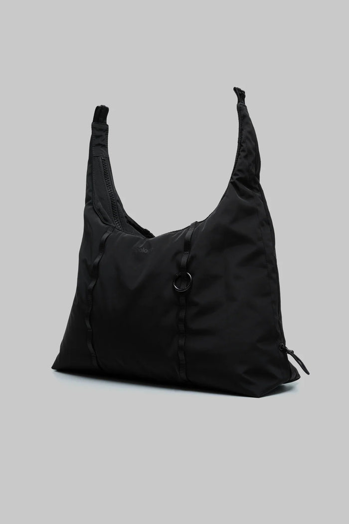 Topologie Cloud Hobo bag small, black tech sateen with ring front and adjustable shoulder strap