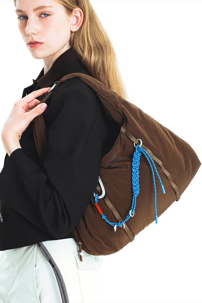 Topologie Cloud Hobo bag small in brown with blue beaded strap and side ring closure