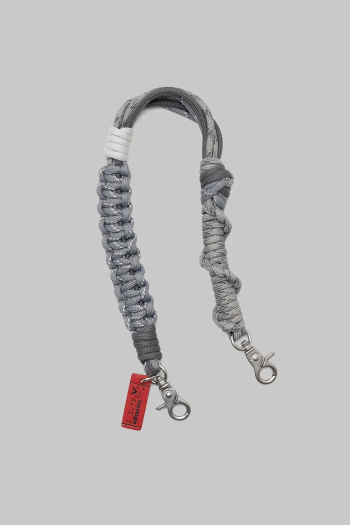 Macrame wrist strap with metal clips, braided in gray with adjustable clasp
