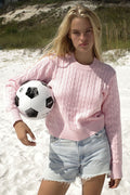 Varsity cable knit pullover sweater cozy pink