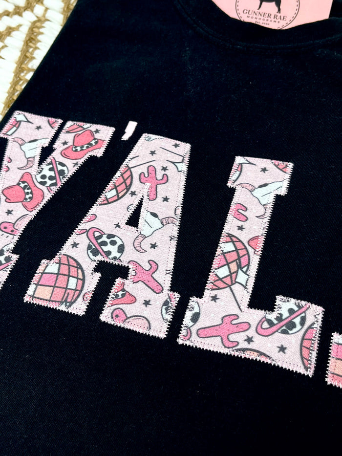Y'ALL Applique Embroidered T-shirt or Sweatshirt (PINK & BLACK)