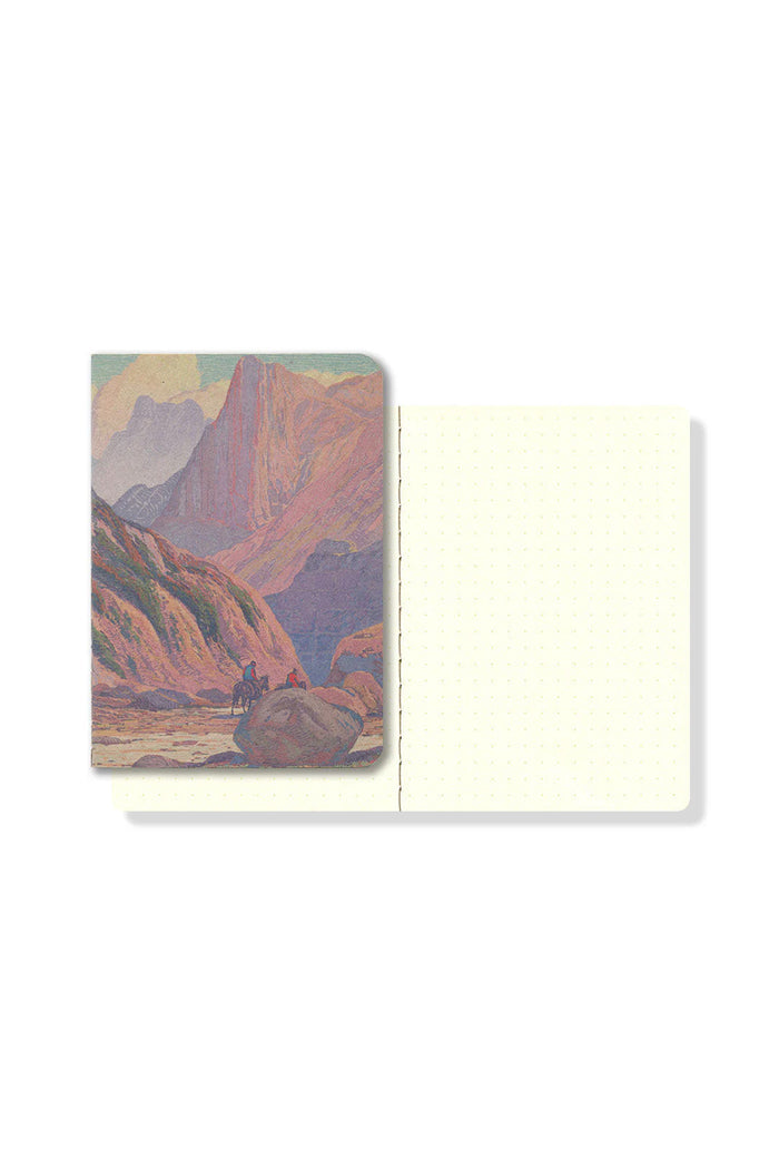 Pocket notebook open to cream blank pages, printed canyon landscape cover